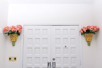 Pair Of Hand Painted Floral Decorated Wall Planters With Faux Hydrangeas