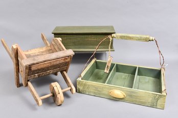 Decorative Wooden Wheelbarrow, MJ McNosky Partitioned Box With Hand And Covered Wooden Box