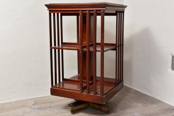 Antique English 19th Century Walnut Revolving Bookcase With Iron Base On Casters