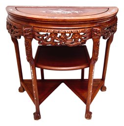 Antique Chinese Rosewood Half Moon Wood Table With Mother Of Pearl Floral Inlay And Ball And Claw Feet