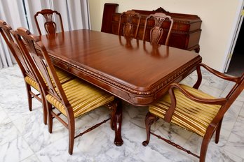 Good Quality Carved Mahogany Claw Foot Dining Table With Six Chairs, Two Leaves And Protective Padding