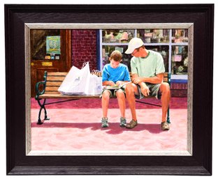 Signed Stanley Timson Acrylic On Board Titled 'Quality Time While Mom Shops'