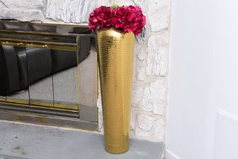 Contemporary Tall Gilt Vase With Snakeskin Texture And Faux Flowers