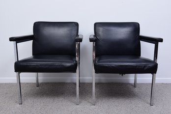 Pair Of Steelcase Leather And Stainless Steel Arm Chairs