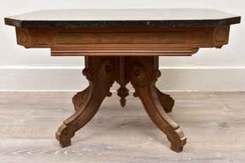 Antique Eastlake Walnut Marble Top Side Table With Ornate Carved Base