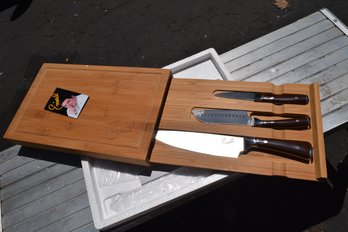 3PC Brown Knife Set With Bamboo Cutting Board By Emeril! (Unused In Box)