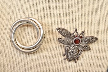 Sterling Silver Marcasite And Garnet Bug Pin And Sterling Silver Triple Ring Pin