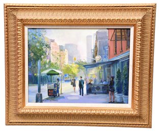 Signed Irwin Lopez Oil On Canvas Painting Of A City Street Scene