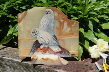 Beautiful Hand Painted Pair Of Owls On Granite - Signed By Artist