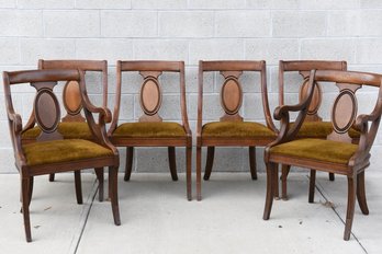 Set Of Six Carved Wood Scrolled Arm Dining Room Chairs