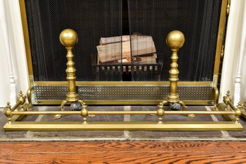 19th Century Brass Fireplace Fender With Classic Stick And Ball Design