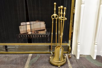 Brass Three Piece Fireplace Tool Set With Stand