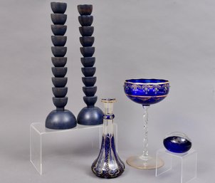 Cobalt Blue Gilt Jeweled Candy Dish, Vase, Paper Weight And Stacked Candlestick Holders