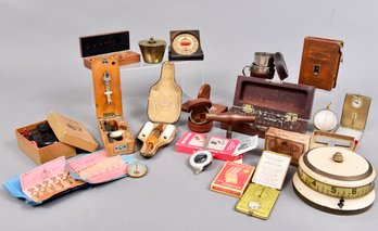 Collection Of Various Interesting Oddities - Chinese Compass, Scales, Weights, Map Measurer And More