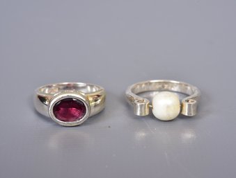 Sterling Silver Ring With Genuine Pearl And Sterling Silver Ring With Garnet Stone (Size 7 1/2)