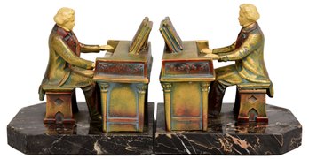 1932 J.B. Hirsch Bronzed Spelter Piano Player Beethoven Bookends By Designer J Ruhl On Marble Bases