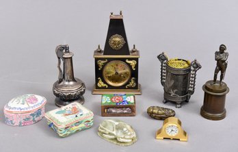 Chinese Trinket Boxes, Ronson Lighter, Scarabs, Swiss Clock, Cloisonne Matchbox And More