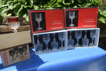 Four Vintage Indiana Glass Ruby Band Diamond Point In Original Box And Eight Crystal Longchamp 8.5' Glasses