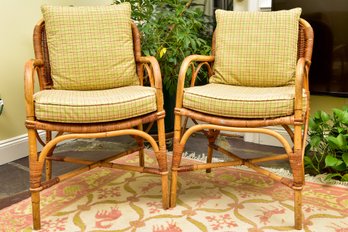 Pair Of Bentwood Rattan Arm Chairs With With Cushions