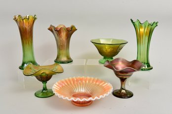 Collection Of Northwood Carnival Glass, Dugan Marigold Opalescent Ruffled Bowl And More