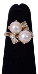 Signed HO Double Pearl 14K Yellow Gold Pinky Ring (size 3.5)