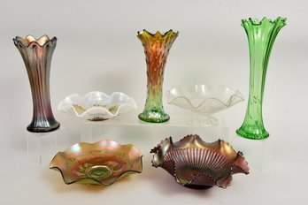 Nice Collection Of Iridescent Carnival Glass Ruffled Bowls And Vases
