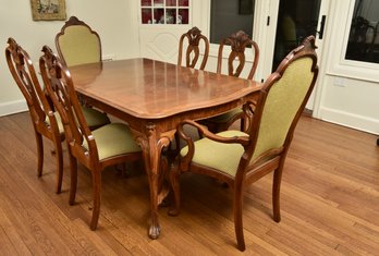Wood Dining Room Table With Six Matching Upholstered Chairs, Five Leaves And Table Pads