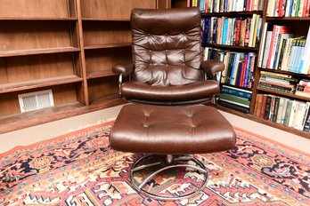 Tufted Back Leather Swivel Chair With Matching Swivel Ottoman - Made In Norway