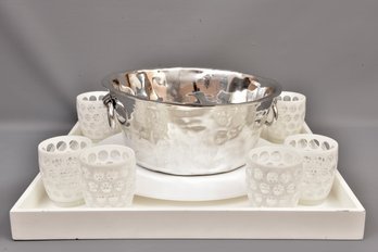 Large Tray, Set Of 10 Mario Luca Giusti Cups, Hielera Soho Con Asa Pewter Ice Bucket With Scoop, Lazy-susan