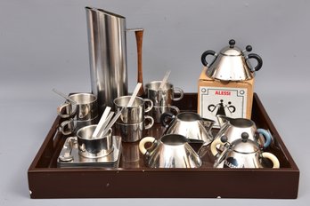 Collection Of Alessi Sugar Bowls, Creamers And Jonathan Adler Tray