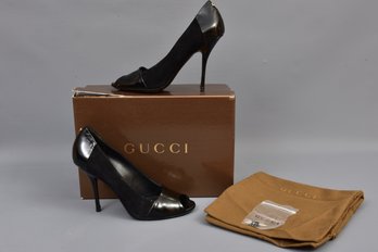 GUCCI Black Patent Leather And Suede Peep Toe Shoes (size 8B)