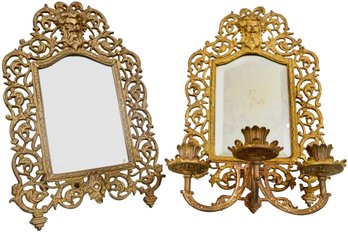 Bradley & Hubbard Gilt Bronze Mirrored Wall Sconce And Freestanding Mirror