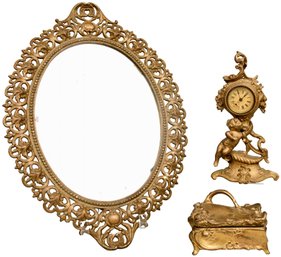 Vintage Bronze Figural Cherub Table Clock, Brass Pierced Wall Mirror, W.B. Mfg. Co. Jewelry Casket Trinket Box