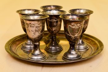 Set Of Six Sterling Silver Sherry Glasses With Tray (2.31 Troy Oz)