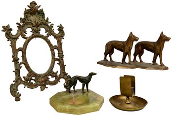 Bronze Greyhound Marble Ashtray, Brass Wolf Bookends, Ashtray With Matchbook Holder And Brass Picture Frame