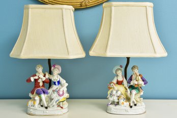 Pair Of Hand Painted Porcelain Figural Vintage Table Lamps