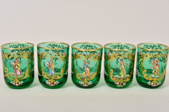 Set Of Five Green Hand Painted Figural Shot Glasses