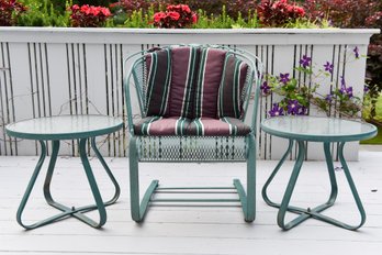 Vintage Woodard Briarwood Daisy Wrought Iron Barrel Back Rocker Chair And Two Matching Side Tables