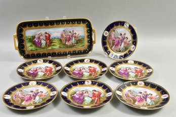 Set Of Seven Antique Epiag Porcelain Cobalt Royal Vienna Gilt Decorative Plates And Tray