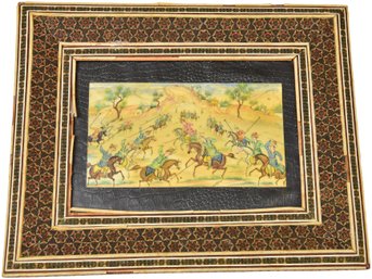 Vintage Persian Hand Painted Chovgan Or Polo Match With Ornately Painted Frame