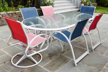 Outdoor Aluminum Dining Table With Tempered Glass Top And Six Matching Mesh Chairs