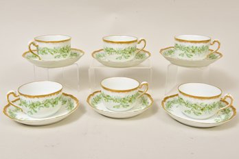 T & V Limoges France Set Of Six Porcelain Tea Cups With Matching Saucers