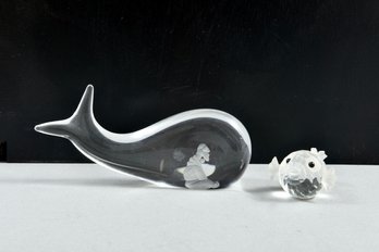 Signed Crystal Kosta Boda Lindstrand Jonah & The Whale Figurine And Signed Swarovski Crystal Fish Figurine