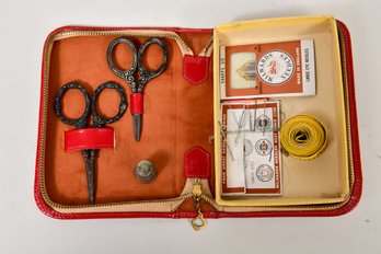 Vintage CCMGF Red Leathered Zippered Travel Sewing Kit With Sterling Silver Scissors And Thimble