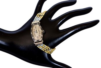 Art Deco Diel W.C. 19K Rolled Gold Ladies Watch With Blue Sapphire Crown