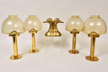 Pair Of Brass Duck Form Bookends And Set Of Four Brass Candlestick Holders With Glass Domes