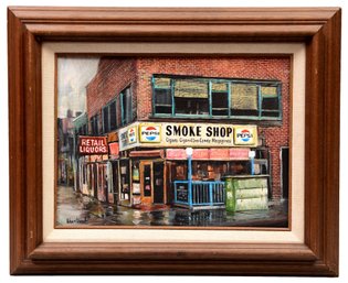 Herbert Weintraub Signed Drawing-Watercolor On Gouache Board Depicting A Corner Smoke Shop