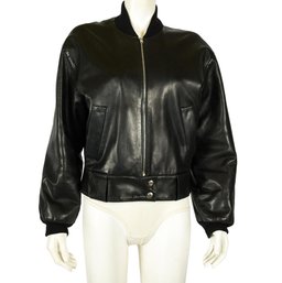 CELINE Black Lambskin Leather Bomber Jacket (Size 42)