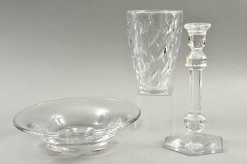 Orrefors Crystal Bowl, Sasaki Crystal Vase And Val St. Lambert Crystal Candlestick Holder