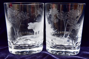 Pair Of Scully & Scully Etched Animal Crystal Rock Glasses (RETAIL $400)